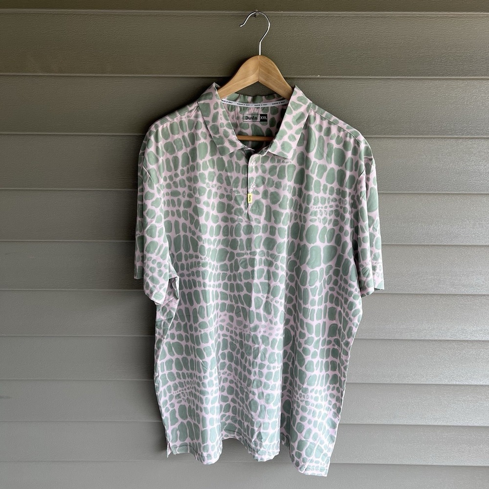 Duvin Design Polo Shirt Mens XXL Pink Green Animal Print Stretch Golf Resort